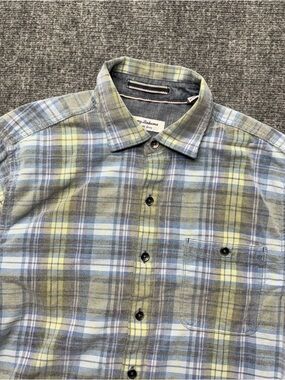 Tommy Bahama Shirt Mens Medium Blue Plaid Coastline Corduroy Pinwale 100% Cotton